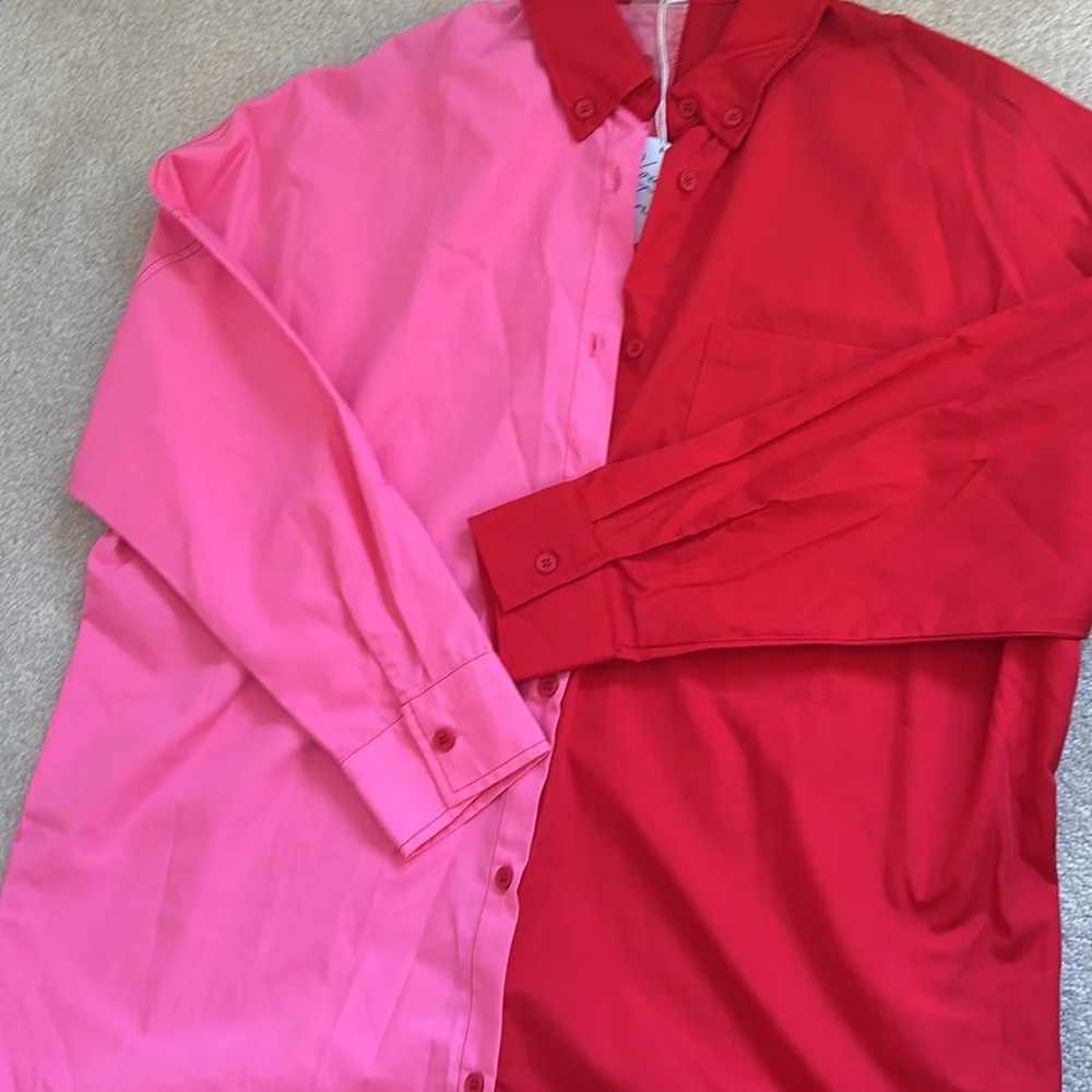 Dressed in LALA Bold Red and Pink Button Down Shirt - Picture 5 of 5